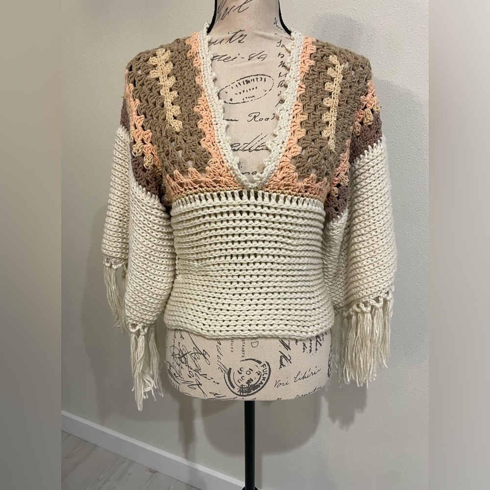 Boho Chic Cream and Brown V-Neck Sweater with Fringe